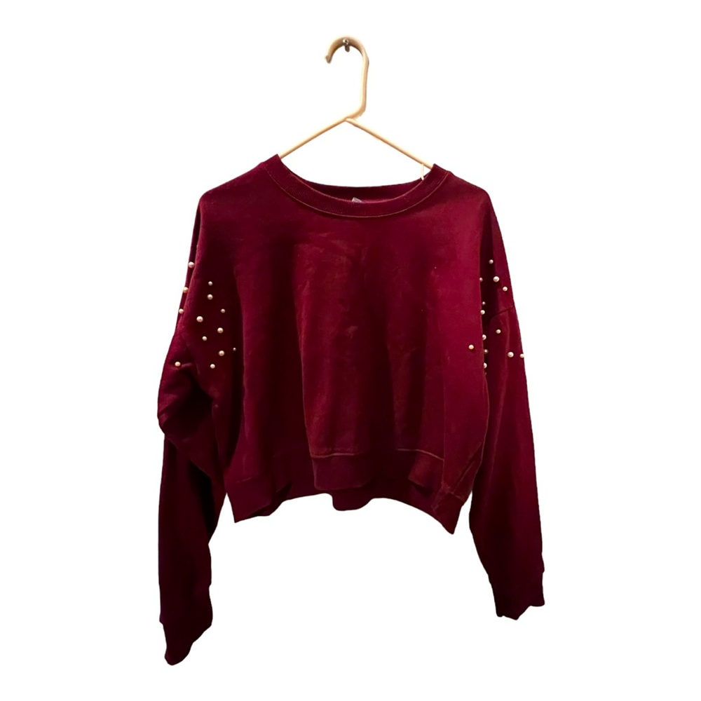 Burgundy crop crew neck with pearls